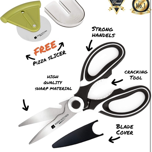 Black and White Kitchen Scissors and Green Pizza Cutter Set - Picture 2 of 6